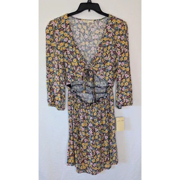 Bebop Ditsy Floral Dress XL Yellow/Navy Boho Cutout Midriff Tie Front Mini New - Picture 9 of 9